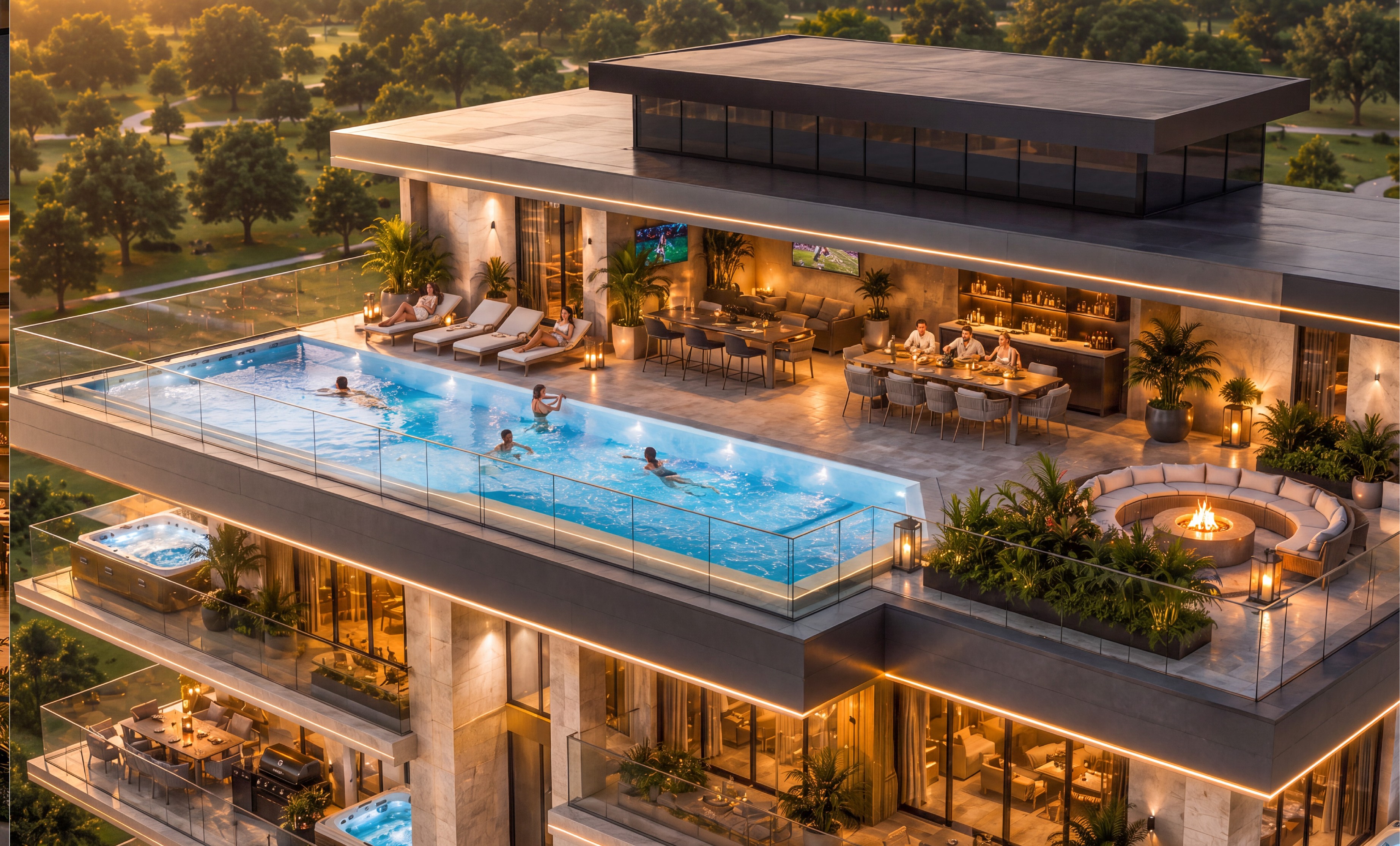 Rooftop pool at golden hour